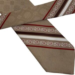 Andhurst Paisley Geometric Necktie Tie Tan Red White Brown Vintage Dacron 70s